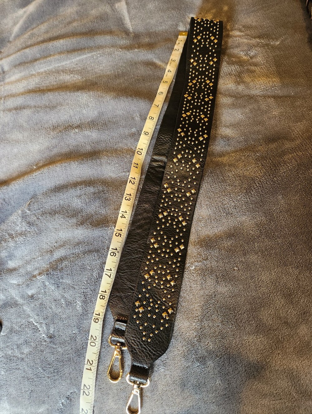 Studded Black Leather Bag Strap with Gold Hardware